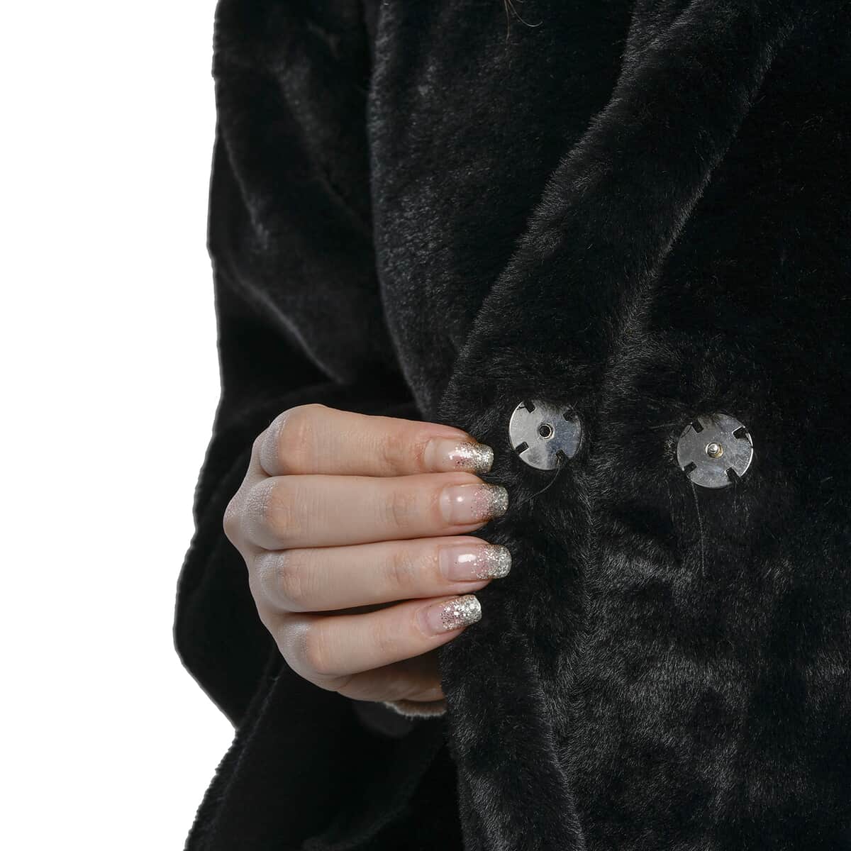 Tamsy Black Suede and Polyester Faux Fur Long Coat For Ladies, Ultra-Soft Quick Drying Machine Washable Womens Winter Coat- L image number 4