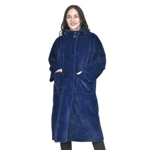 Tamsy Blue Suede and Polyester Faux Fur Long Coat For Ladies, Ultra-Soft Quick Drying Machine Washable Womens Winter Coat- L