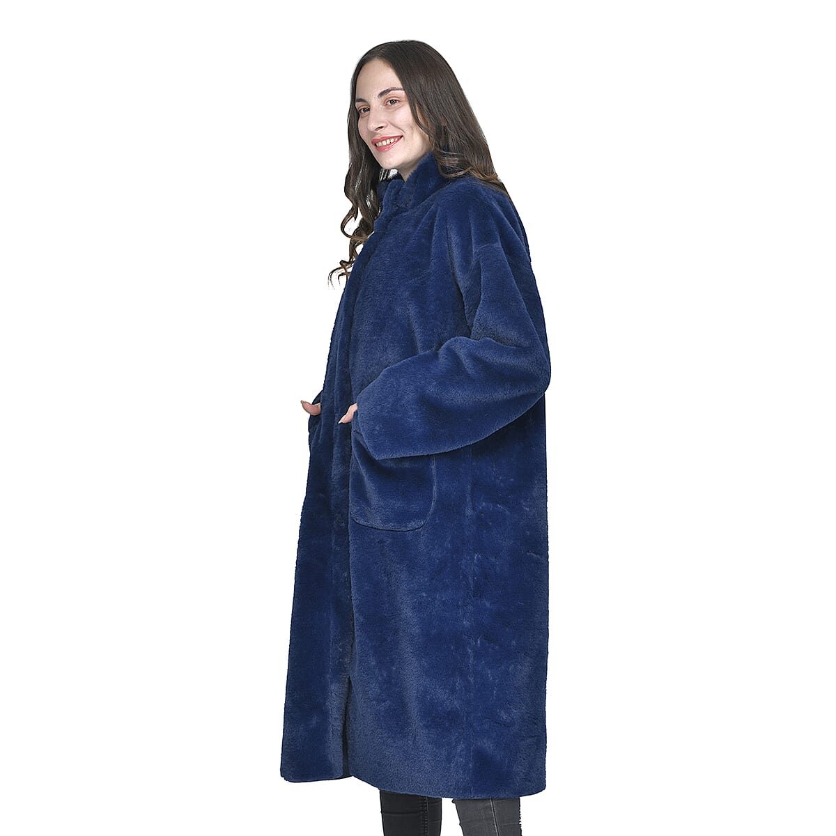 Tamsy Blue Suede and Polyester Faux Fur Long Coat For Ladies, Ultra-Soft Quick Drying Machine Washable Womens Winter Coat- L image number 2