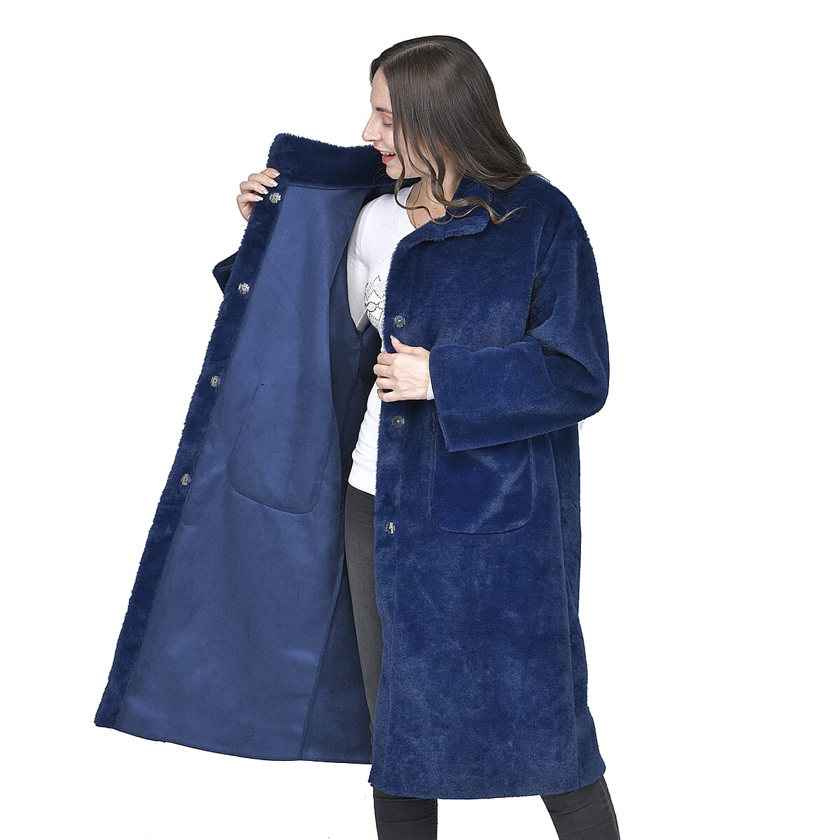 Tamsy Blue Suede and Polyester Faux Fur Long Coat For Ladies, Ultra-Soft Quick Drying Machine Washable Womens Winter Coat- L image number 3