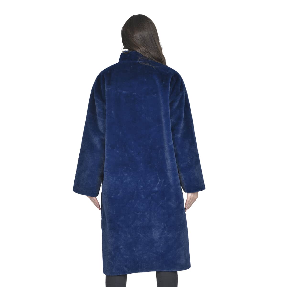 Tamsy Blue Suede and Polyester Faux Fur Long Coat For Ladies, Ultra-Soft Quick Drying Machine Washable Womens Winter Coat- M image number 1