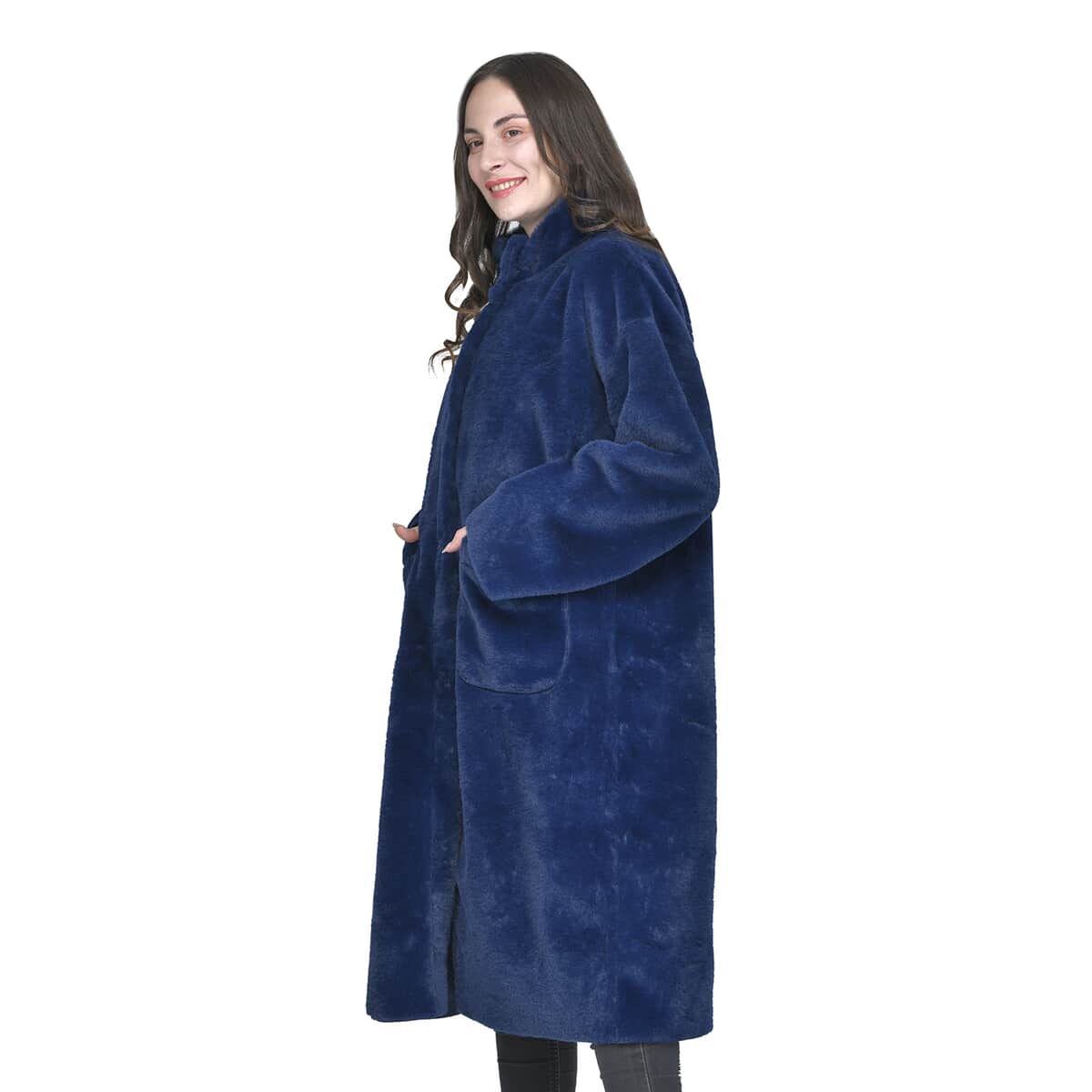Tamsy Blue Suede and Polyester Faux Fur Long Coat For Ladies, Ultra-Soft Quick Drying Machine Washable Womens Winter Coat- M image number 2
