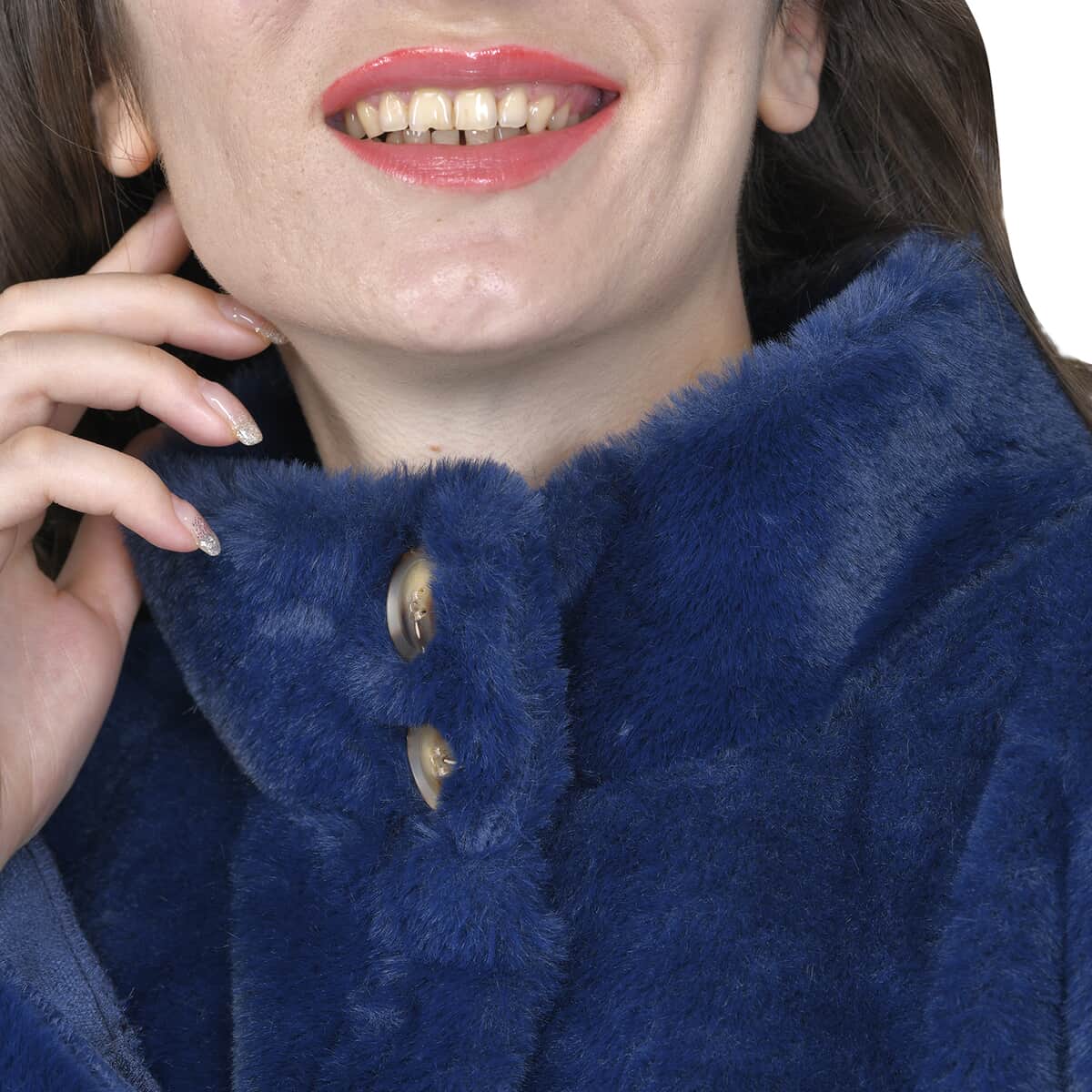 Tamsy Blue Suede and Polyester Faux Fur Long Coat For Ladies, Ultra-Soft Quick Drying Machine Washable Womens Winter Coat- M image number 4