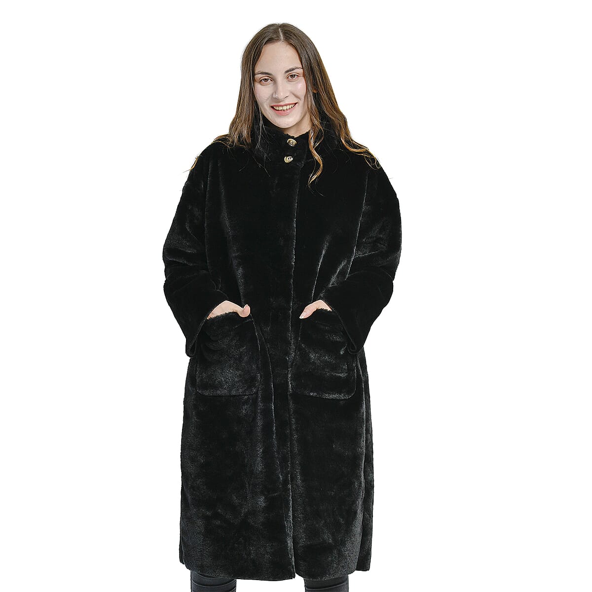 Tamsy Black Suede and Polyester Faux Fur Long Coat For Ladies, Ultra-Soft Quick Drying Machine Washable Womens Winter Coat- XXL image number 0