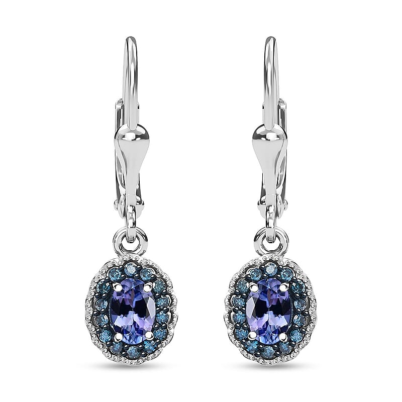 D'Joy Peacock Tanzanite and Blue Diamond 1.15 ctw Earrings in Rhodium Over Sterling Silver