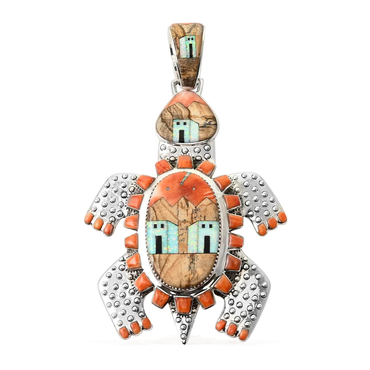 ONE OF A KIND SANTA FE Style Jasper, Multi Gemstone Turtle Pendant in Sterling Silver 87.10 Grams (Made in USA) 9.00 ctw image number 0