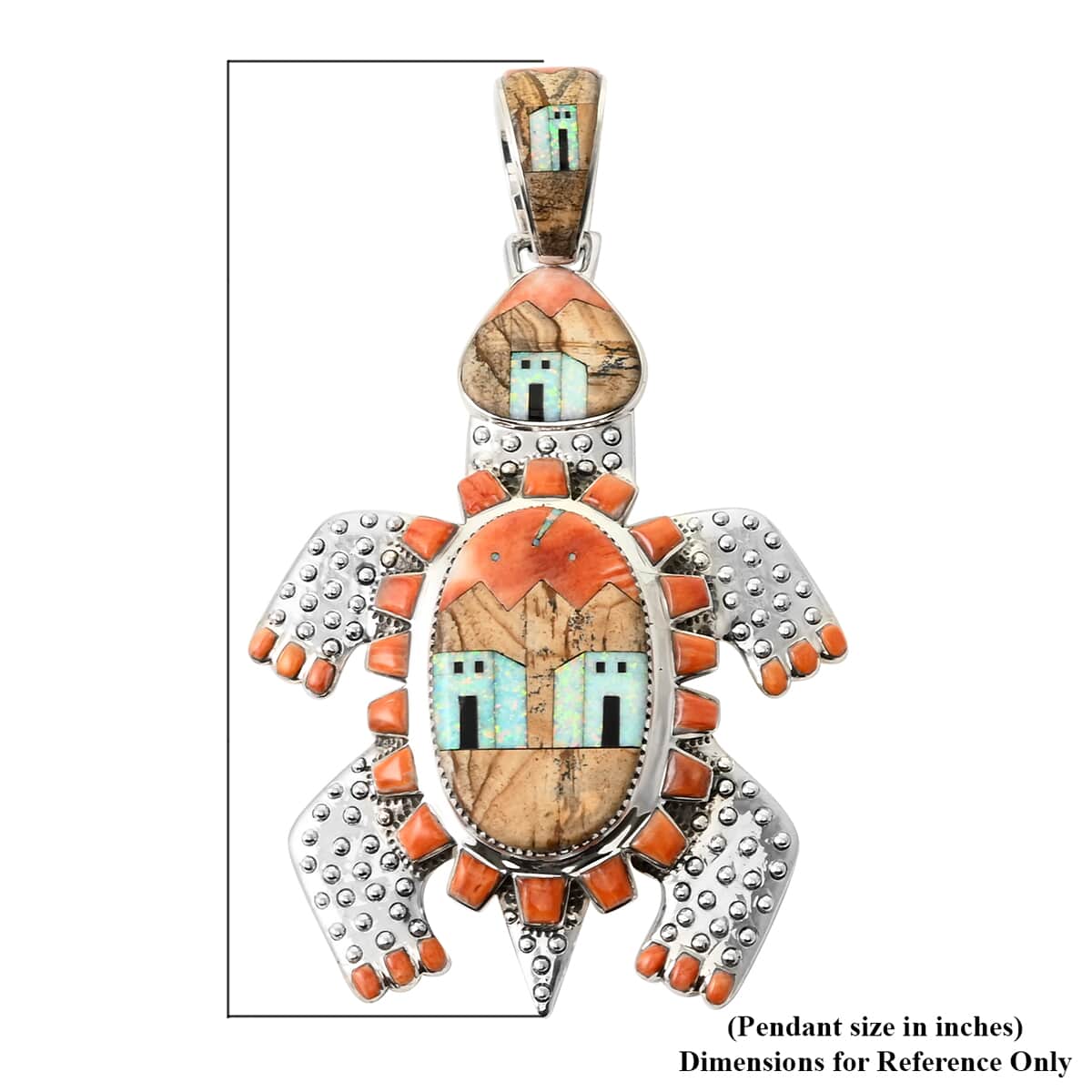 ONE OF A KIND SANTA FE Style Jasper, Multi Gemstone Turtle Pendant in Sterling Silver 87.10 Grams (Made in USA) 9.00 ctw image number 2