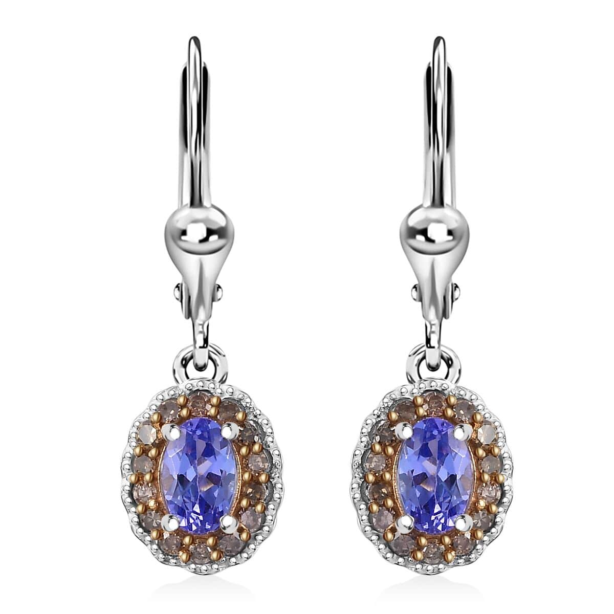 Tanzanite and Natural Champagne Diamond 1.30 ctw Earrings in Rhodium Over Sterling Silver image number 0