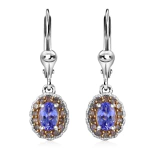 Tanzanite and Natural Champagne Diamond 1.30 ctw Earrings in Rhodium Over Sterling Silver