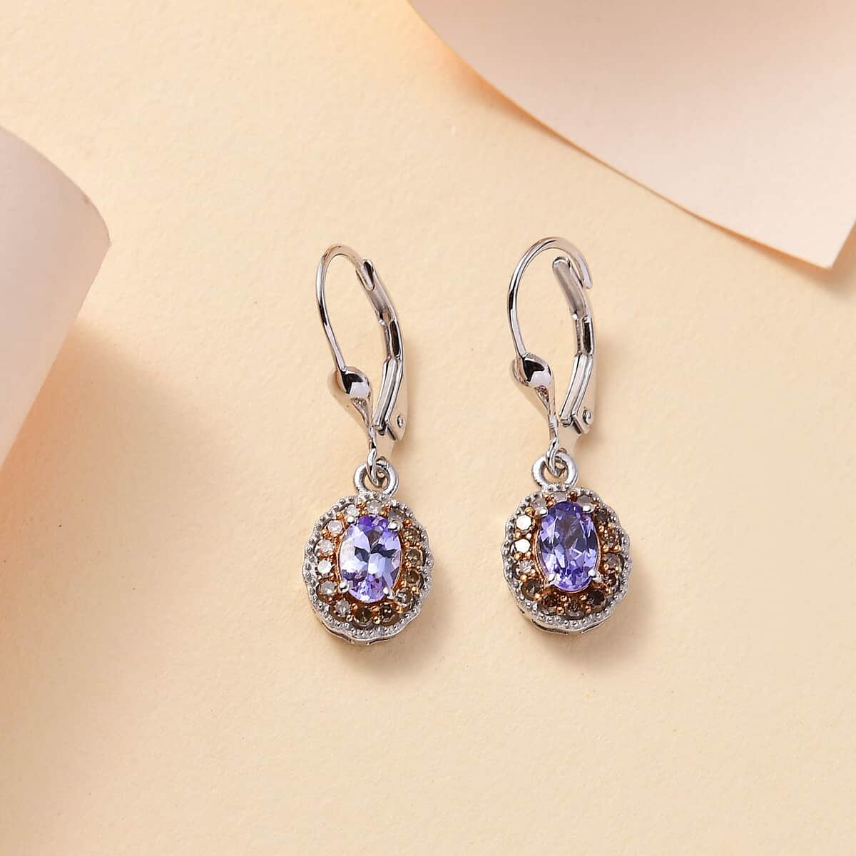 Tanzanite and Natural Champagne Diamond 1.30 ctw Earrings in Rhodium Over Sterling Silver image number 1