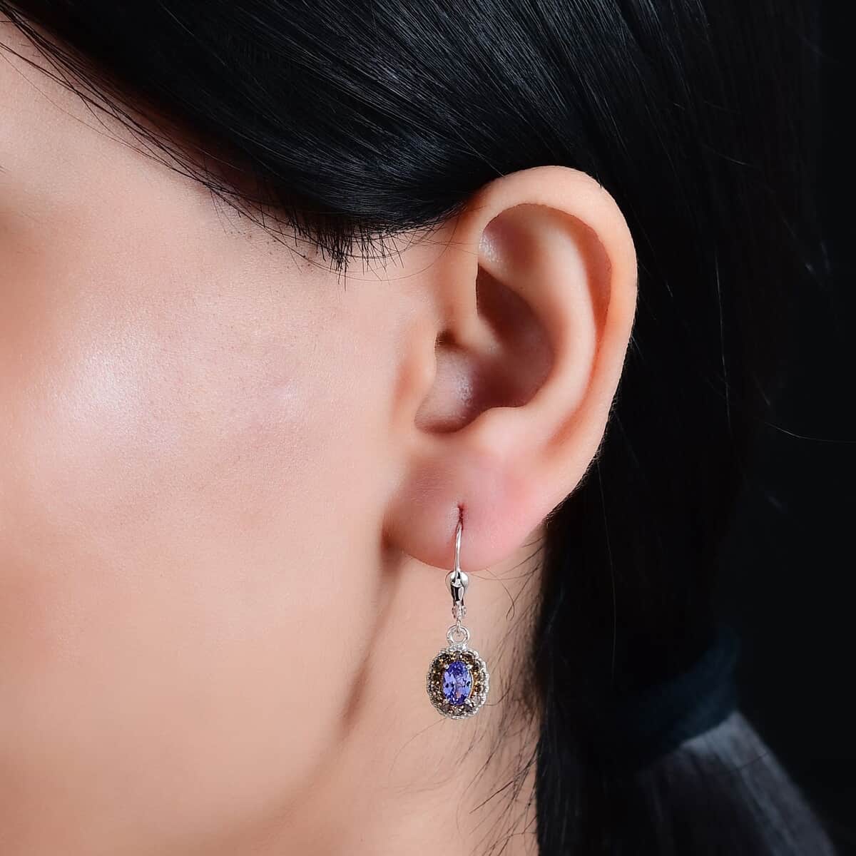 Tanzanite and Natural Champagne Diamond 1.30 ctw Earrings in Rhodium Over Sterling Silver image number 2