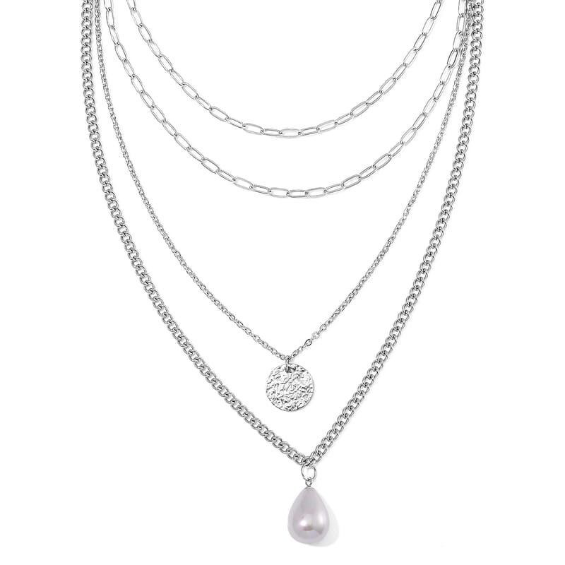 White Shell Pearl 4 Layer Necklace in Stainless Steel 24-26 Inches