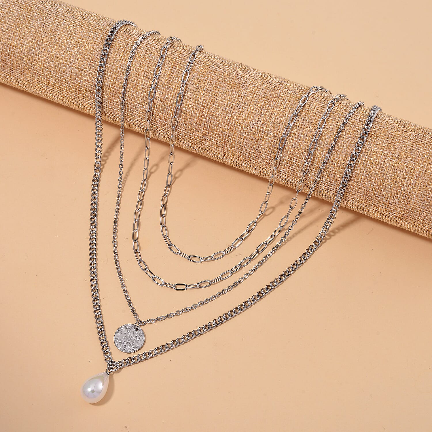 White Shell Pearl 4 Layer Necklace in Stainless Steel 24-26 Inches
