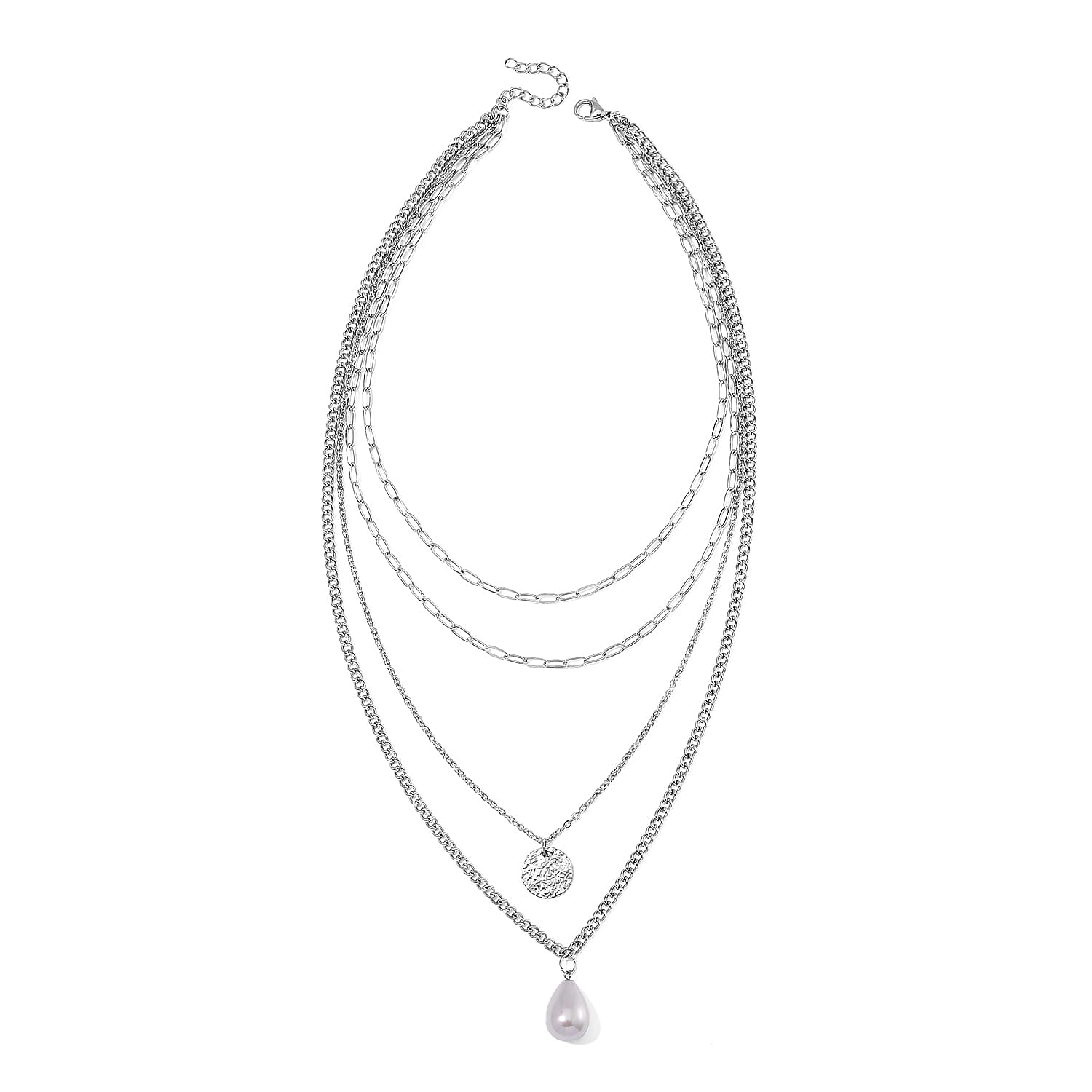 White Shell Pearl 4 Layer Necklace in Stainless Steel 24-26 Inches