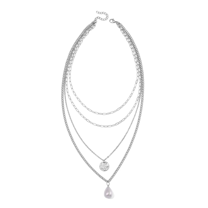 White Shell Pearl 4 Layer Necklace in Stainless Steel 24-26 Inches