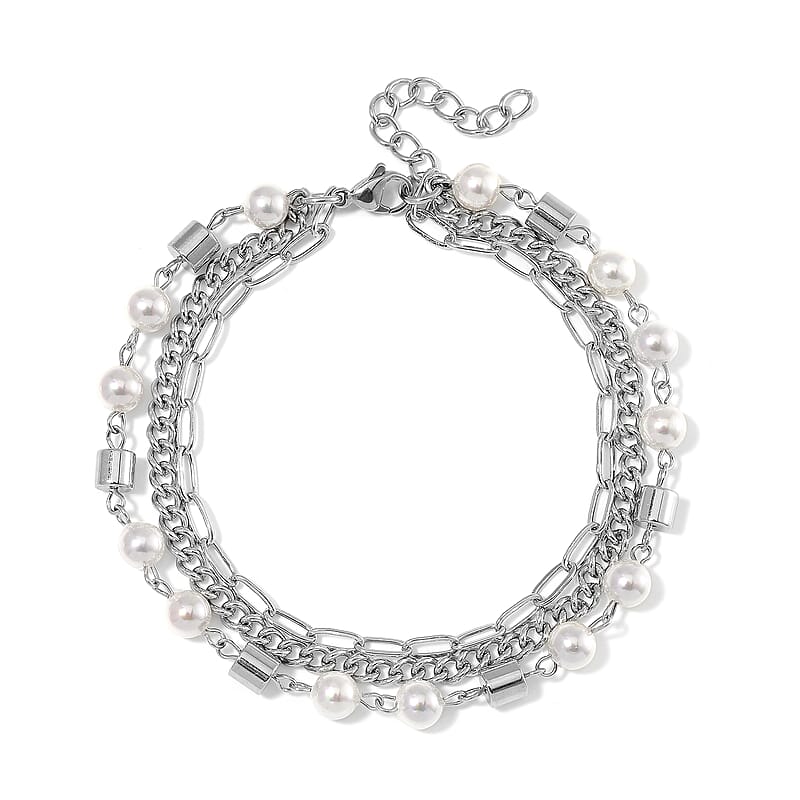 White Shell Pearl 3 Row Bracelet in Stainless Steel (7.5-9.0In)