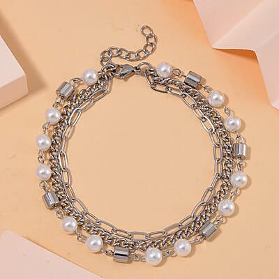 White Shell Pearl 3 Row Bracelet in Stainless Steel (7.5-9.0In)
