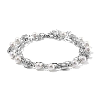 White Shell Pearl 3 Row Bracelet in Stainless Steel (7.5-9.0In)