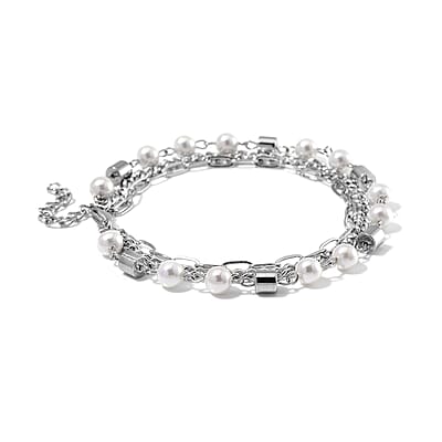 White Shell Pearl 3 Row Bracelet in Stainless Steel (7.5-9.0In)