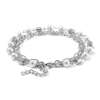 White Shell Pearl 3 Row Bracelet in Stainless Steel (7.5-9.0In)