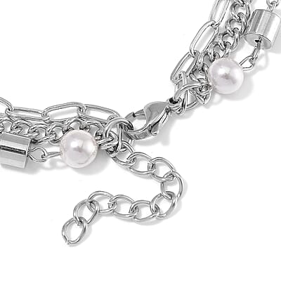 White Shell Pearl 3 Row Bracelet in Stainless Steel (7.5-9.0In)