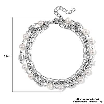 White Shell Pearl 3 Row Bracelet in Stainless Steel (7.5-9.0In)