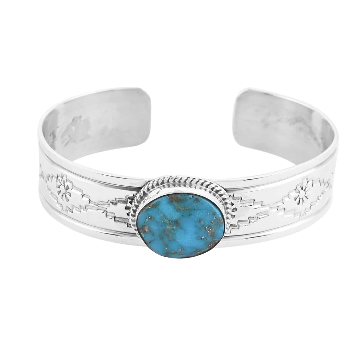 SANTA FE Style Mojave Turquoise Cuff Bracelet in Sterling Silver (6.00 In) 25.70 Grams (Made in USA) 8.00 ctw image number 0