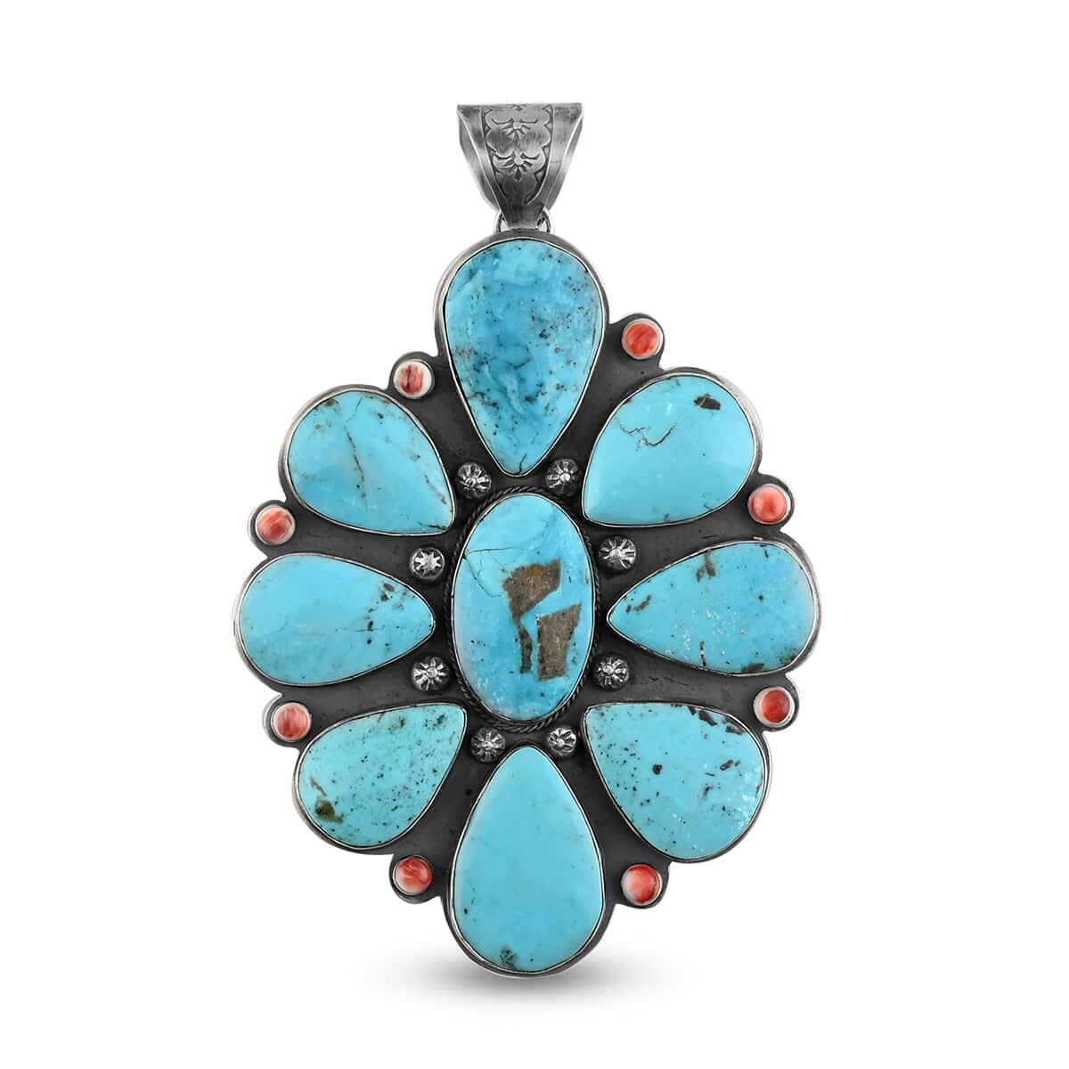 One Of A Kind SANTA FE Style Turquoise and Coral Pendant in Sterling Silver 114.40 Grams (Made in USA) 227.80 ctw image number 0