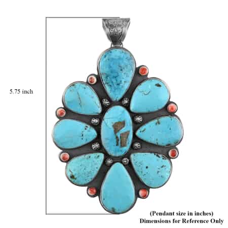 One Of A Kind SANTA FE Style Turquoise and Coral Pendant in Sterling Silver 114.40 Grams (Made in USA) 227.80 ctw image number 3