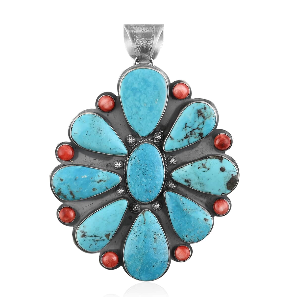 ONE OF A KIND SANTA FE Style Turquoise, Coral Pendant in Sterling Silver 94.20 Grams (Made in USA) 160.84 ctw image number 0