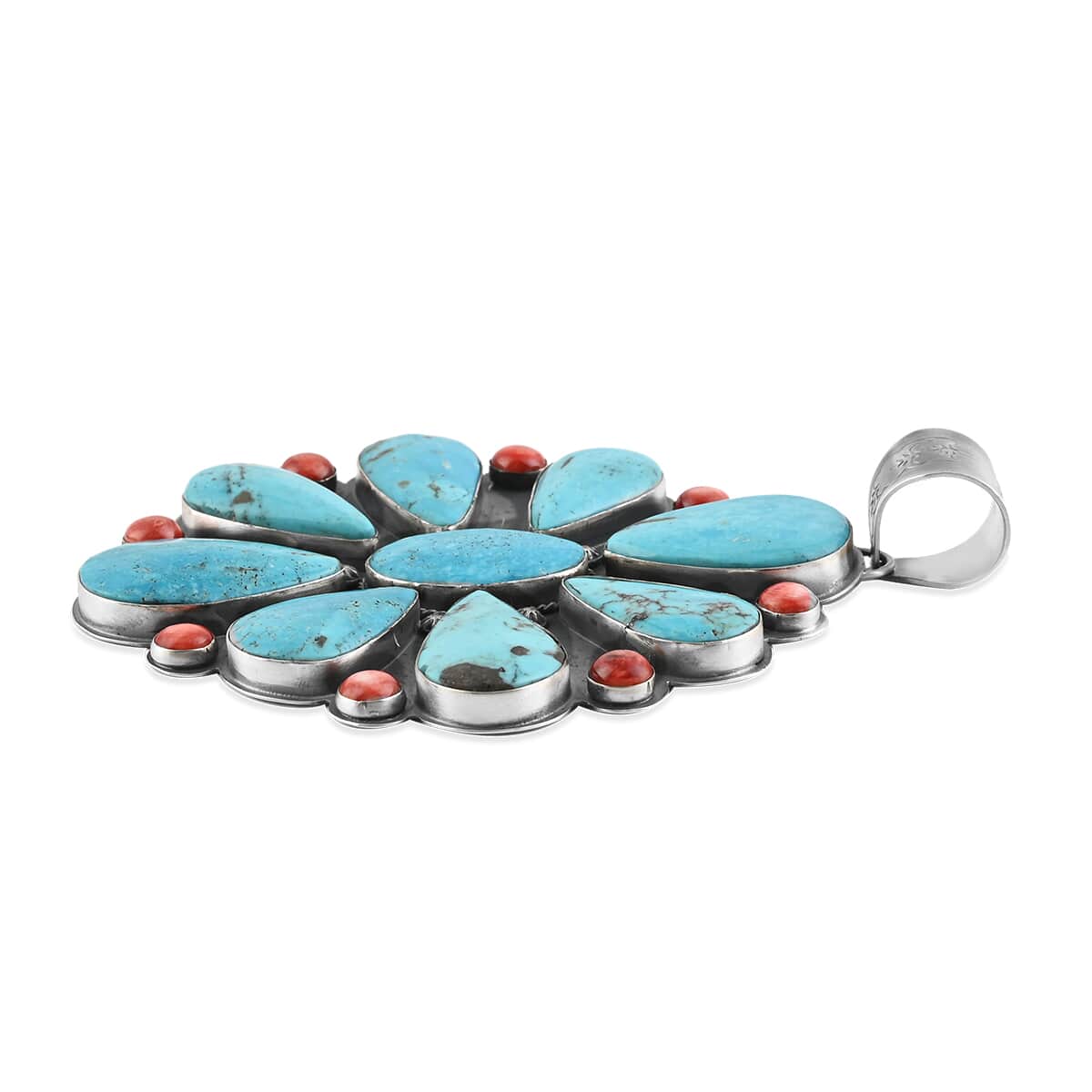 ONE OF A KIND SANTA FE Style Turquoise, Coral Pendant in Sterling Silver 94.20 Grams (Made in USA) 160.84 ctw image number 2