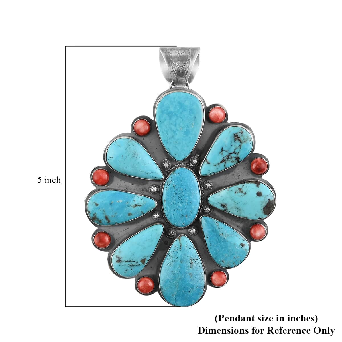 ONE OF A KIND SANTA FE Style Turquoise, Coral Pendant in Sterling Silver 94.20 Grams (Made in USA) 160.84 ctw image number 3