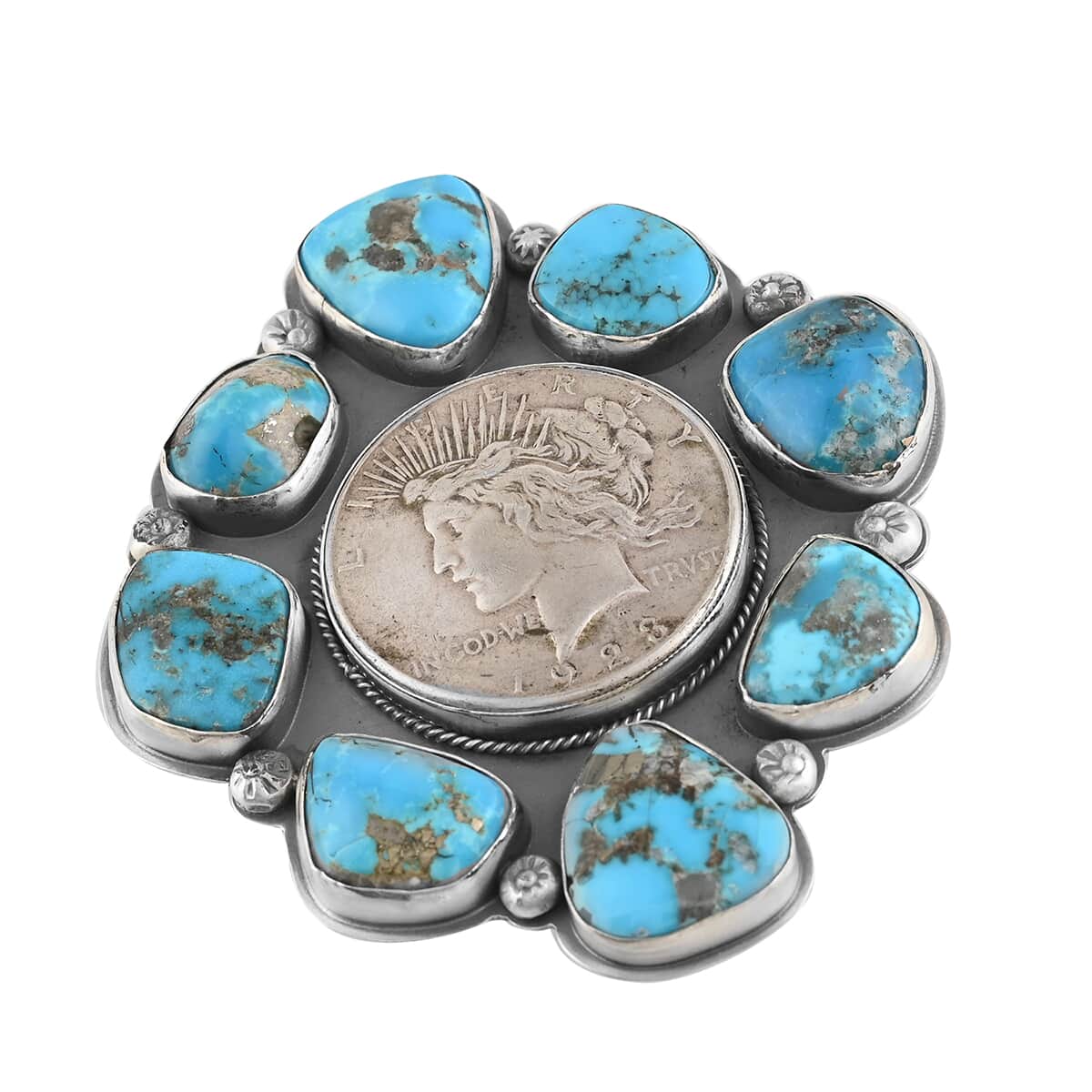 Santa Fe Style Sleeping Beauty Color Turquoise Oversized Coin Ring in Sterling Silver (Size 6.0) (Made in USA) 72.00 ctw image number 0