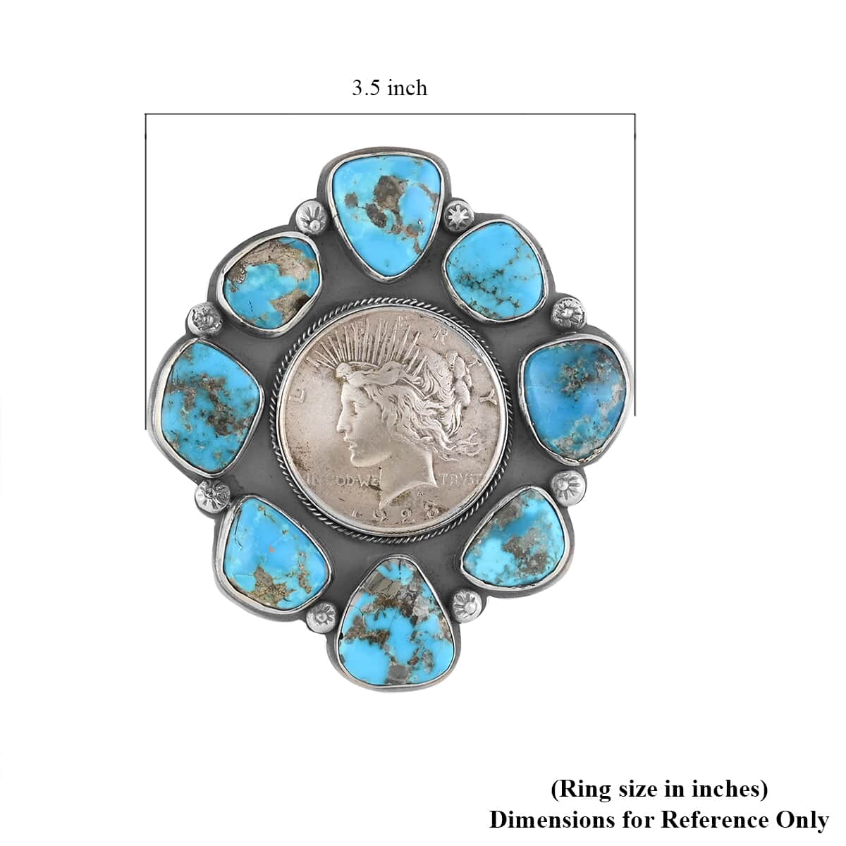 Santa Fe Style Sleeping Beauty Color Turquoise Oversized Coin Ring in Sterling Silver (Size 6.0) (Made in USA) 72.00 ctw image number 3