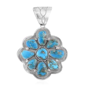 ONE OF A KIND Santa Fe Style Kingman Turquoise Floral Pendant in Sterling Silver (Made in USA) 162.00 ctw