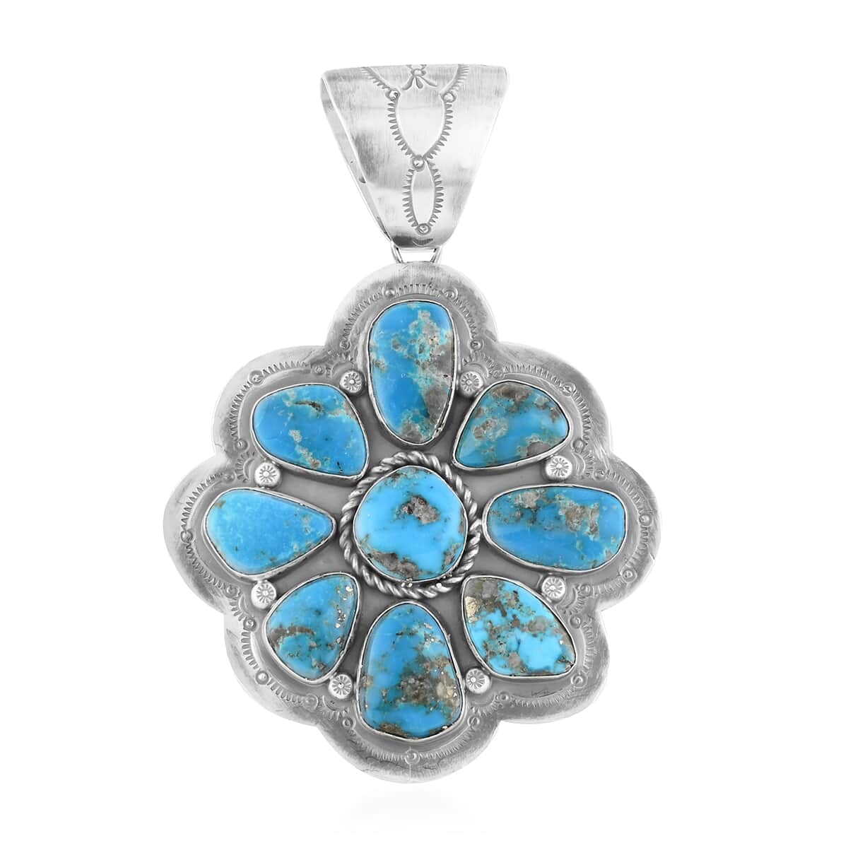 ONE OF A KIND Santa Fe Style Kingman Turquoise Floral Pendant in Sterling Silver (Made in USA) 162.00 ctw image number 0