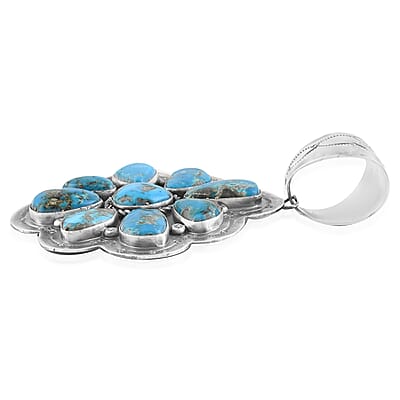 ONE OF A KIND Santa Fe Style Kingman Turquoise Floral Pendant in Sterling Silver (Made in USA) 162.00 ctw