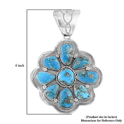ONE OF A KIND Santa Fe Style Kingman Turquoise Floral Pendant in Sterling Silver (Made in USA) 162.00 ctw