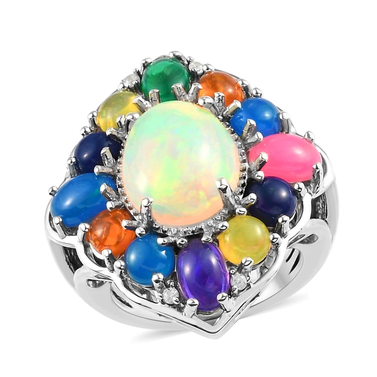 Multi Welo Opal and Zircon Floral Ring in Platinum Over Sterling Silver (Size 11.0) 5.25 ctw image number 0