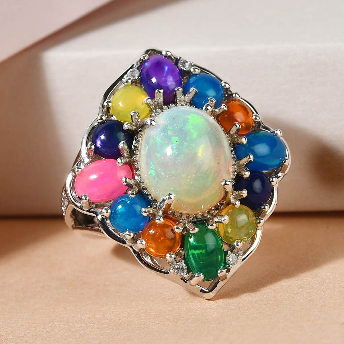 Multi Welo Opal and Zircon Floral Ring in Platinum Over Sterling Silver (Size 11.0) 5.25 ctw image number 1