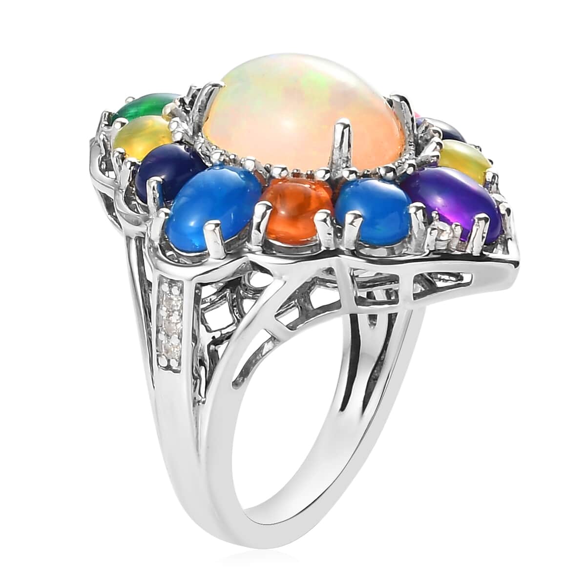 Multi Welo Opal and Zircon Floral Ring in Platinum Over Sterling Silver (Size 11.0) 5.25 ctw image number 3