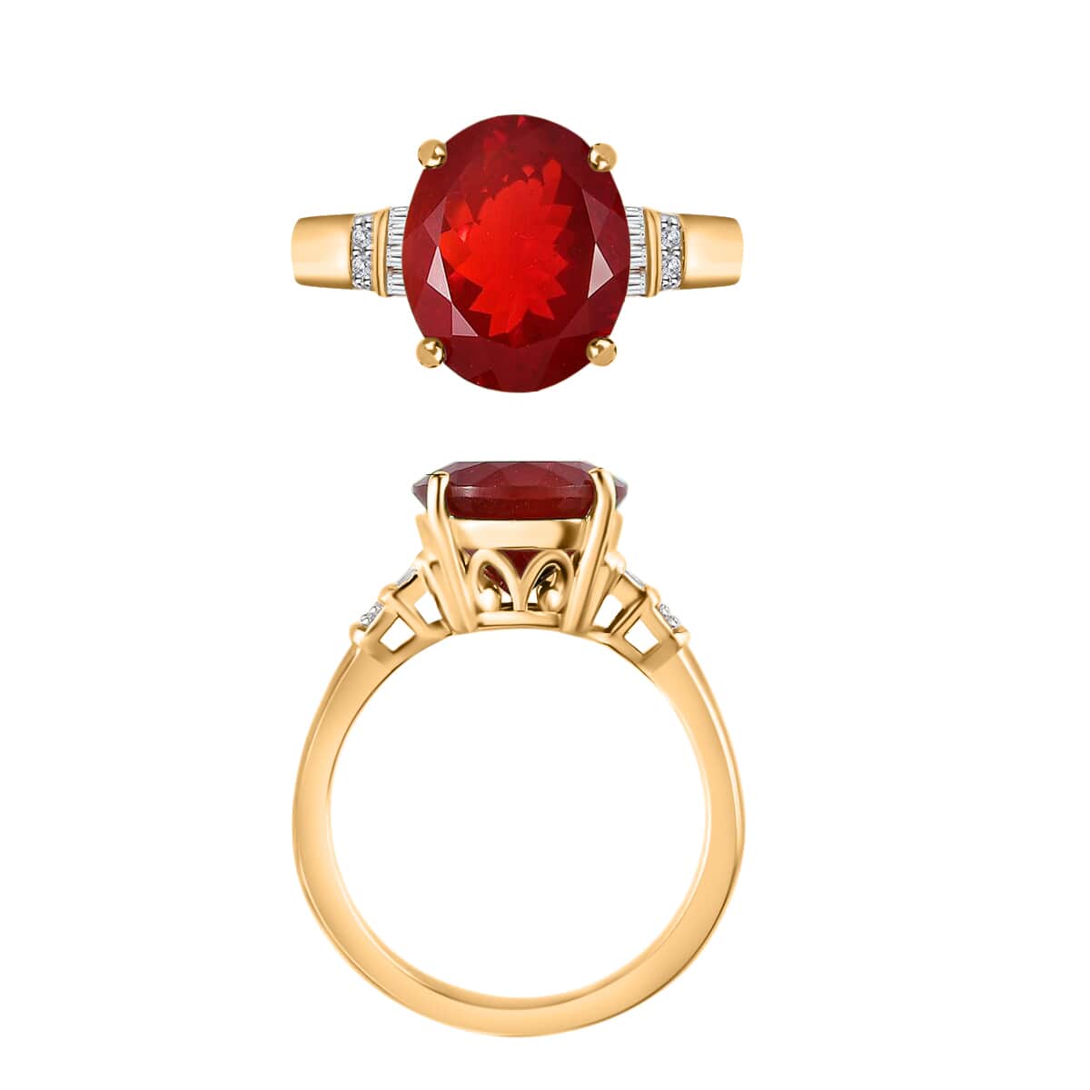 Luxoro Premium Crimson Fire Opal and G-H I1 Diamond Ring in 14K Yellow Gold (Size 10.0) 4.10 Grams 3.40 ctw image number 3