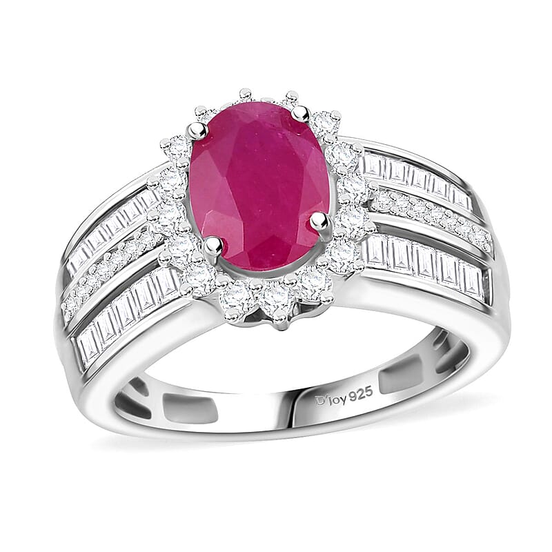 Mozambique Ruby and Moissanite 2.75 ctw Sunburst Ring in Rhodium Over Sterling Silver (Size 10.0)