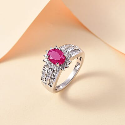 Mozambique Ruby and Moissanite 2.75 ctw Sunburst Ring in Rhodium Over Sterling Silver (Size 10.0)