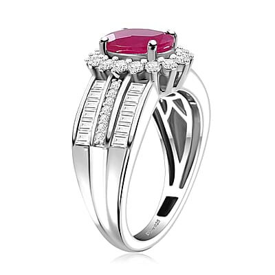 Mozambique Ruby and Moissanite 2.75 ctw Sunburst Ring in Rhodium Over Sterling Silver (Size 10.0)