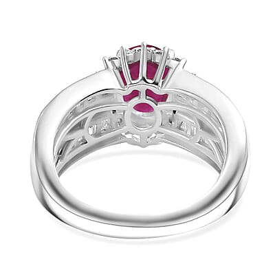 Mozambique Ruby and Moissanite 2.75 ctw Sunburst Ring in Rhodium Over Sterling Silver (Size 10.0)