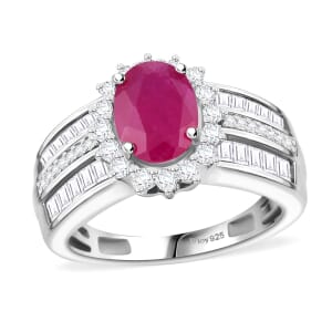 Mozambique Ruby and Moissanite 2.75 ctw Sunburst Ring in Rhodium Over Sterling Silver (Size 6.0)