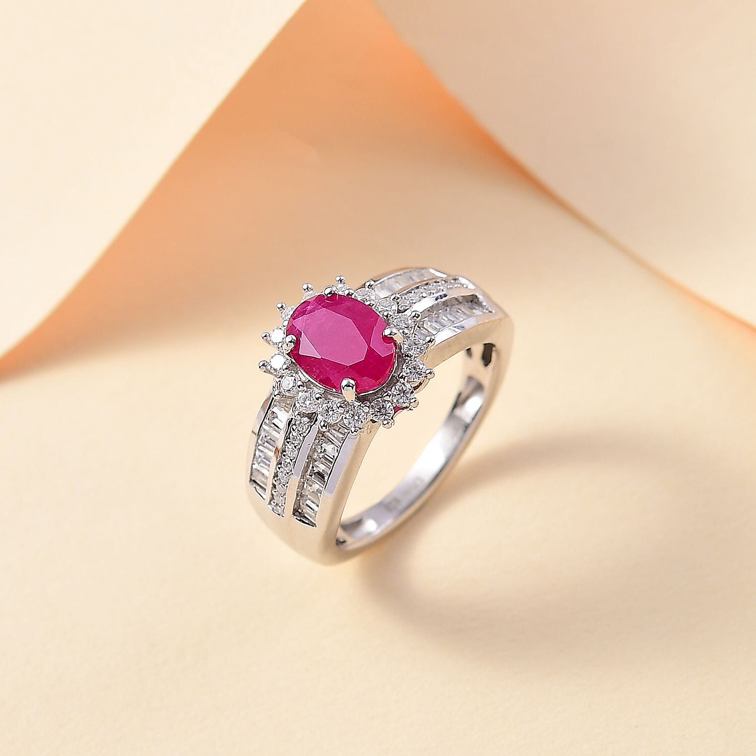 D'Joy Mozambique Ruby and Moissanite 2.75 ctw Sunburst Ring in Rhodium Over Sterling Silver (Size 6.0)