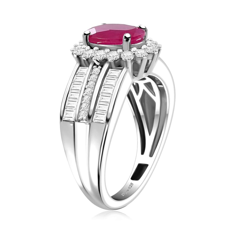 D'Joy Mozambique Ruby and Moissanite 2.75 ctw Sunburst Ring in Rhodium Over Sterling Silver (Size 6.0)