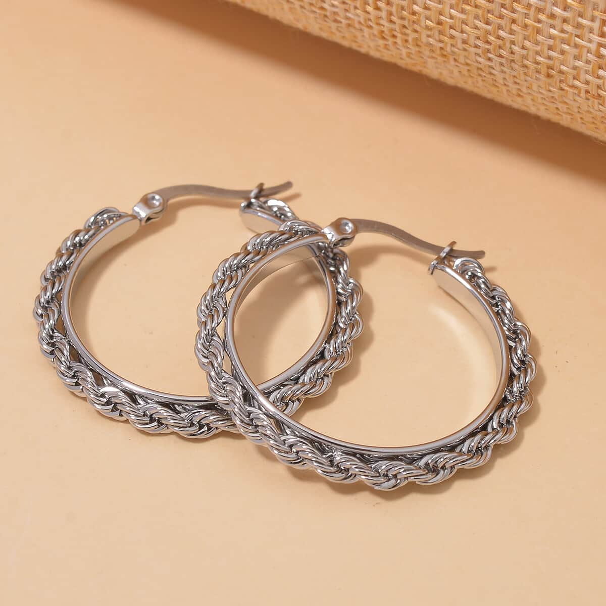 Rope Chain Hoop Earrings in Stainless Steel image number 1